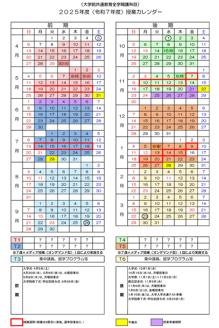 2025年度の授業カレンダー